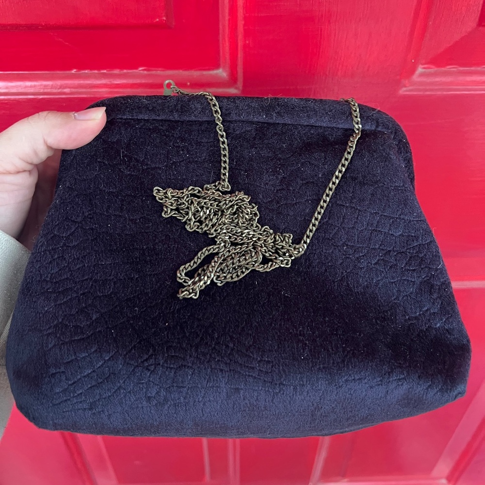 Anthropology Women's Purse Navy Clutch Metal Chain Strap Magnet Close